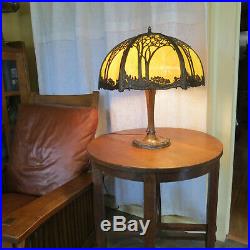 Antique ca 1920 Scenic Trees Filigree Slag Glass Lamp Jefferson Handel B&H Era