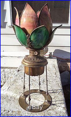 Antique double Slag Glass Tulip Shade bronze base Table Lamp