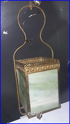 Antique ornate Brass Ormolu green Slag Glass Gas style Pendant Light Chandelier Antique ornate Brass Ormolu green Slag Glass Gas style Pendant Light Chandelier
