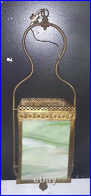 Antique ornate Brass Ormolu green Slag Glass Gas style Pendant Light Chandelier Antique ornate Brass Ormolu green Slag Glass Gas style Pendant Light Chandelier
