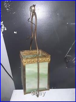 Antique ornate Brass Ormolu green Slag Glass Gas style Pendant Light Chandelier Antique ornate Brass Ormolu green Slag Glass Gas style Pendant Light Chandelier