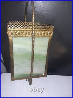 Antique ornate Brass Ormolu green Slag Glass Gas style Pendant Light Chandelier Antique ornate Brass Ormolu green Slag Glass Gas style Pendant Light Chandelier