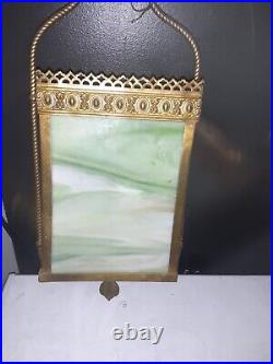 Antique ornate Brass Ormolu green Slag Glass Gas style Pendant Light Chandelier Antique ornate Brass Ormolu green Slag Glass Gas style Pendant Light Chandelier