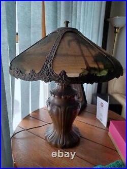 Antique reverse painted Big slag glass lamp by Kiss Brothers lamp Co. Palm trees