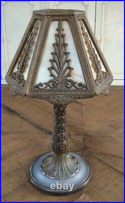 Antique signed Bradley & Hubbard 6 panel slag glass Boudoir Lamp 12 tall