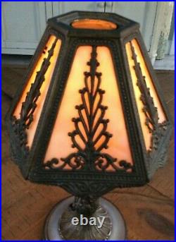Antique signed Bradley & Hubbard 6 panel slag glass Boudoir Lamp 12 tall