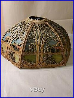 Antique slag glass highly decorated 6 panel lamp shade. 17 diameter 7.5 high