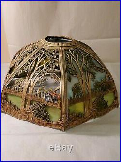 Antique slag glass highly decorated 6 panel lamp shade. 17 diameter 7.5 high