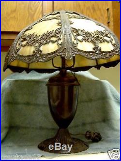 Antique slag glass lamp fancy metal work 20 shade all good
