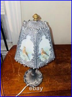 Antique slag stained glass lamp metal bird theme