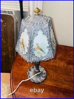 Antique slag stained glass lamp metal bird theme