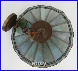 Antique swag lamp stained slag glass cone ceiling hanging light blue green deco
