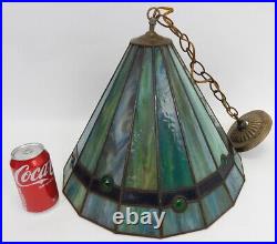 Antique swag lamp stained slag glass cone ceiling hanging light blue green deco