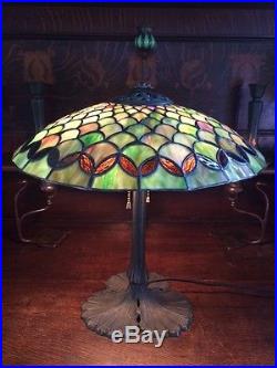 Antique vintage arts crafts mission leaded slag glass Bradley hubbard era lamp