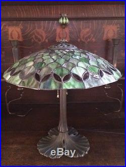 Antique vintage arts crafts mission leaded slag glass Bradley hubbard era lamp