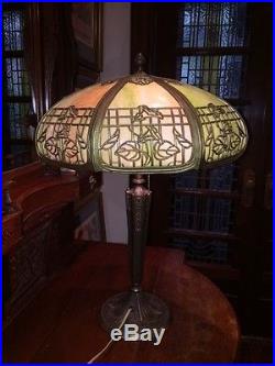 Antque Art Nouveau Bent Green Slag Glass Table Lamp