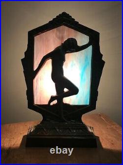 Art Deco 1920s Frankart Flapper Nymph Silhouette Slag Glass Lamp Billings 1989