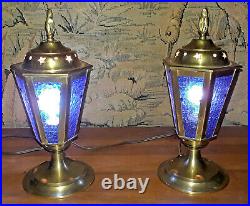 Art Deco Brass Mantel Lamp Pair withRoyal Blue Slag Glass Mid Century Modern Motif