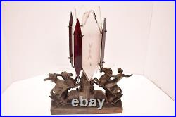 Art Deco Cast Metal Slag Glass Table Lamp Nude Woman W Horses Figural Light