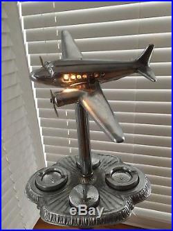 Art Deco Chrome Dc-3 Airplane Ashtray Smoking Stand Slag Glass Table Lamp