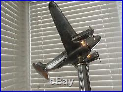 Art Deco Chrome Dc-3 Airplane Ashtray Smoking Stand Slag Glass Table Lamp