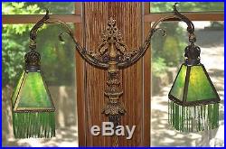 Art Deco Double Bridge Arm Lamp Green Slag Glass Shades Floor Lamp