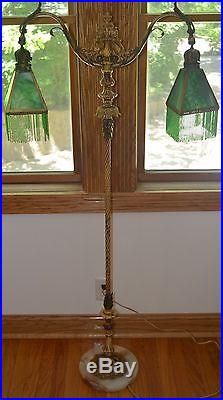 Art Deco Double Bridge Arm Lamp Green Slag Glass Shades Floor Lamp