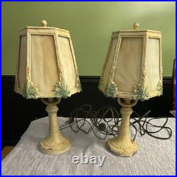 Art Deco Floral Slag Glass Lamp Pair Metal Glass Beige Green WORKING