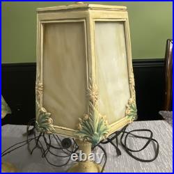 Art Deco Floral Slag Glass Lamp Pair Metal Glass Beige Green WORKING
