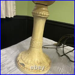 Art Deco Floral Slag Glass Lamp Pair Metal Glass Beige Green WORKING