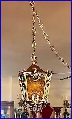 Art Deco Light-Slag Glass-Hanging Pendant-Porch Hall Foyer-Ceiling Light
