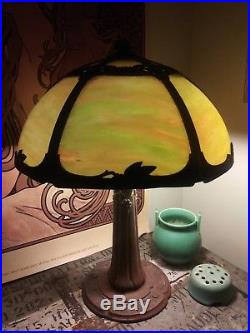 Art Deco Miller Slag Glass 6 Panel Nouveau Table Lamp Handel Bradley Hubbard Era Art Deco Miller Slag Glass 6 Panel Nouveau Table Lamp Handel Bradley Hubbard Era