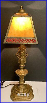 Art Deco Nouveau Figural Lady Head Table Lamp with Slag Glass Shade WORKS