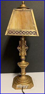 Art Deco Nouveau Figural Lady Head Table Lamp with Slag Glass Shade WORKS