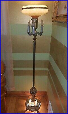 Art Deco Rembrandt Floor Lamp withSlag Glass & Mesh Shades, Lighted Lamp Base