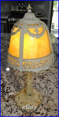 Art Nouveau 4 Panel Slag Glass Lamp Boudoir Dresser Leaded Cast Iron Vtg Antique