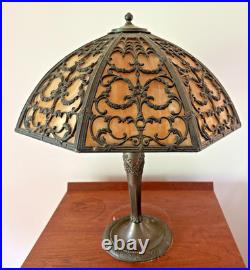Art Nouveau 6 Panel Curved Caramel Slag Glass Lamp Not Handel