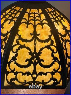 Art Nouveau 6 Panel Curved Caramel Slag Glass Lamp Not Handel