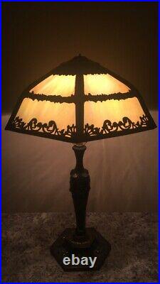 Art Nouveau Antique 1920 12 Panel Slag Glass Lamp Caramel Color Brass -24 Tall