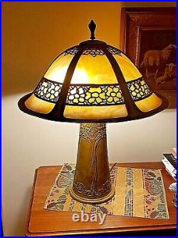 Art Nouveau Antique 6 Curved Carmel slag art glass panel metal art table lamp