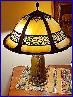 Art Nouveau Antique 6 Curved Carmel slag art glass panel metal art table lamp