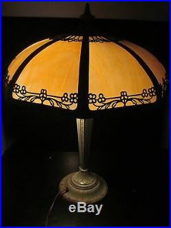Art Nouveau Antique Slag Glass Lamp In Original Verdigris Paint Signed Ranard