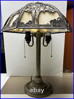 Art Nouveau Bent 12 Panel Slag Glass Ornate Lamp Filigree Marbled Double Chain Art Nouveau Bent 12 Panel Slag Glass Ornate Lamp Filigree Marbled Double Chain