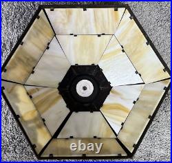 Art Nouveau Bent 12 Panel Slag Glass Ornate Lamp Filigree Marbled Double Chain Art Nouveau Bent 12 Panel Slag Glass Ornate Lamp Filigree Marbled Double Chain