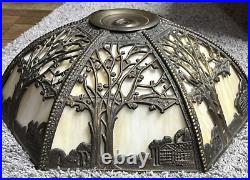Art Nouveau Bent 12 Panel Slag Glass Ornate Lamp Filigree Marbled Double Chain Art Nouveau Bent 12 Panel Slag Glass Ornate Lamp Filigree Marbled Double Chain