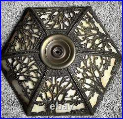 Art Nouveau Bent 12 Panel Slag Glass Ornate Lamp Filigree Marbled Double Chain Art Nouveau Bent 12 Panel Slag Glass Ornate Lamp Filigree Marbled Double Chain