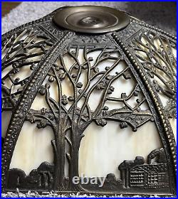 Art Nouveau Bent 12 Panel Slag Glass Ornate Lamp Filigree Marbled Double Chain Art Nouveau Bent 12 Panel Slag Glass Ornate Lamp Filigree Marbled Double Chain