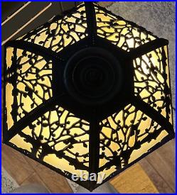 Art Nouveau Bent 12 Panel Slag Glass Ornate Lamp Filigree Marbled Double Chain Art Nouveau Bent 12 Panel Slag Glass Ornate Lamp Filigree Marbled Double Chain