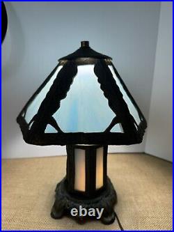 Art Nouveau Blue Tiffany Style Glass Paneled Lamp Stained Glass Table Lamp