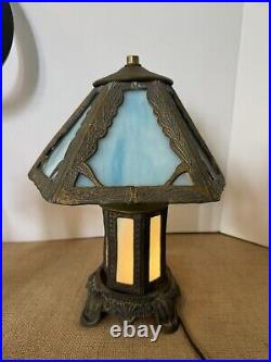 Art Nouveau Blue Tiffany Style Glass Paneled Lamp Stained Glass Table Lamp
